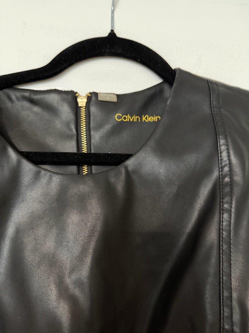 Calvin Klein Black Faux Leather Round-Neck Jacket with Gold Zip